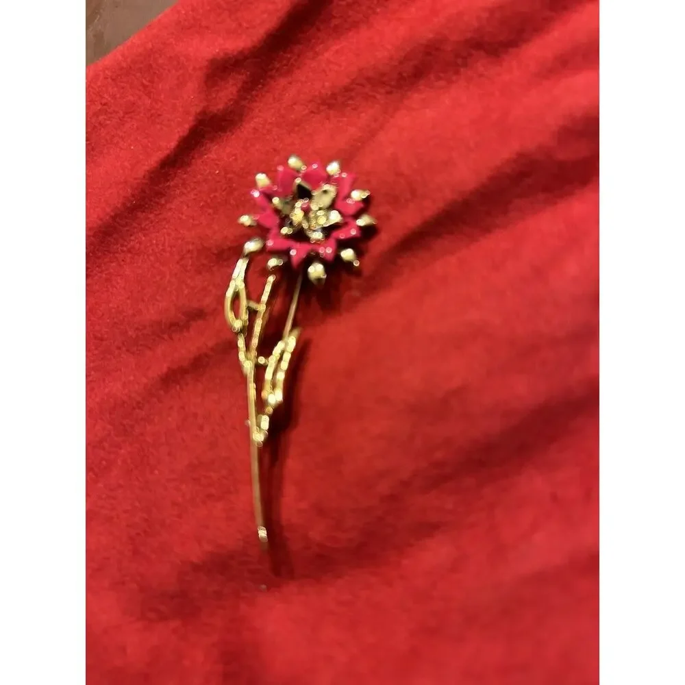 Vintage Antique Gold Tone‎ Pin Brooch Single Flower Stem Leaf Pink Enamel Petals